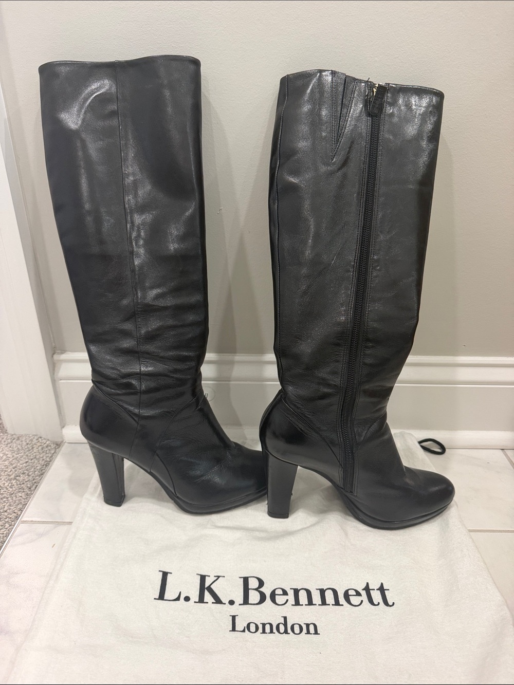 LK Bennett Black Leather Tall Heeled Boots 37
